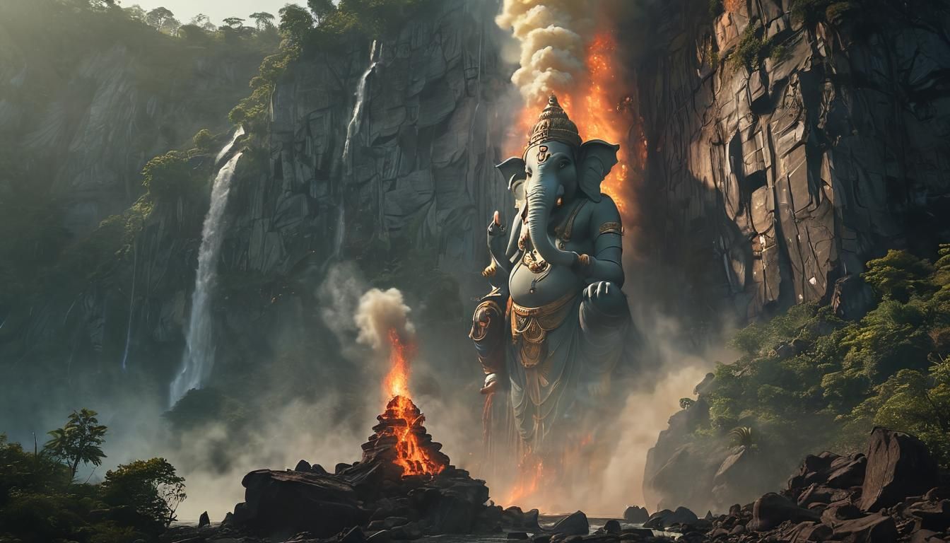 mattpanting big tallest ston ganesh big waterfall tallest hills Paradise burning  Cinematic film still, shot on v-raptor XL, film grain, vig...