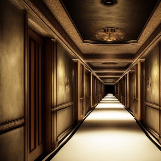 dark long hotel hallway with no end  by @Porcelain