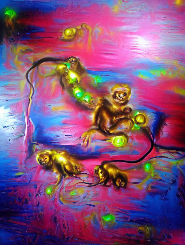 Golden monkeypox oil on canvas iridescent glowing neon