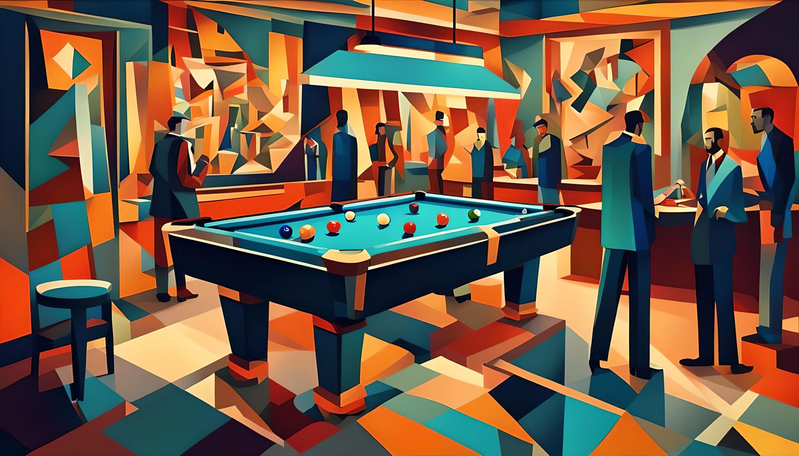 Pool table in smokey bar people standing