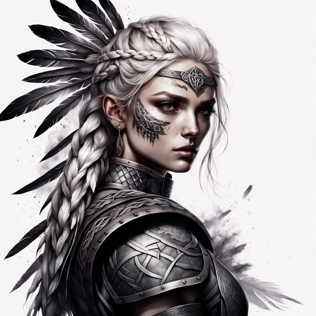A fierce Celtic warrior princess, hyperrealistic black and white portrait, intricate braids in her platinum ...  by @Tiger princess 