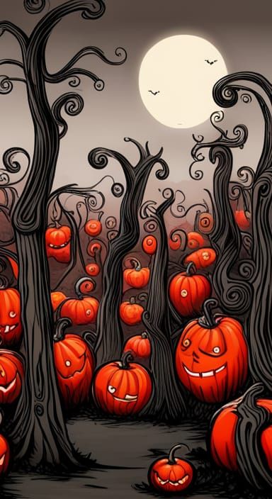 pumpkin graveyard, tim burton style, black sepia and red col...