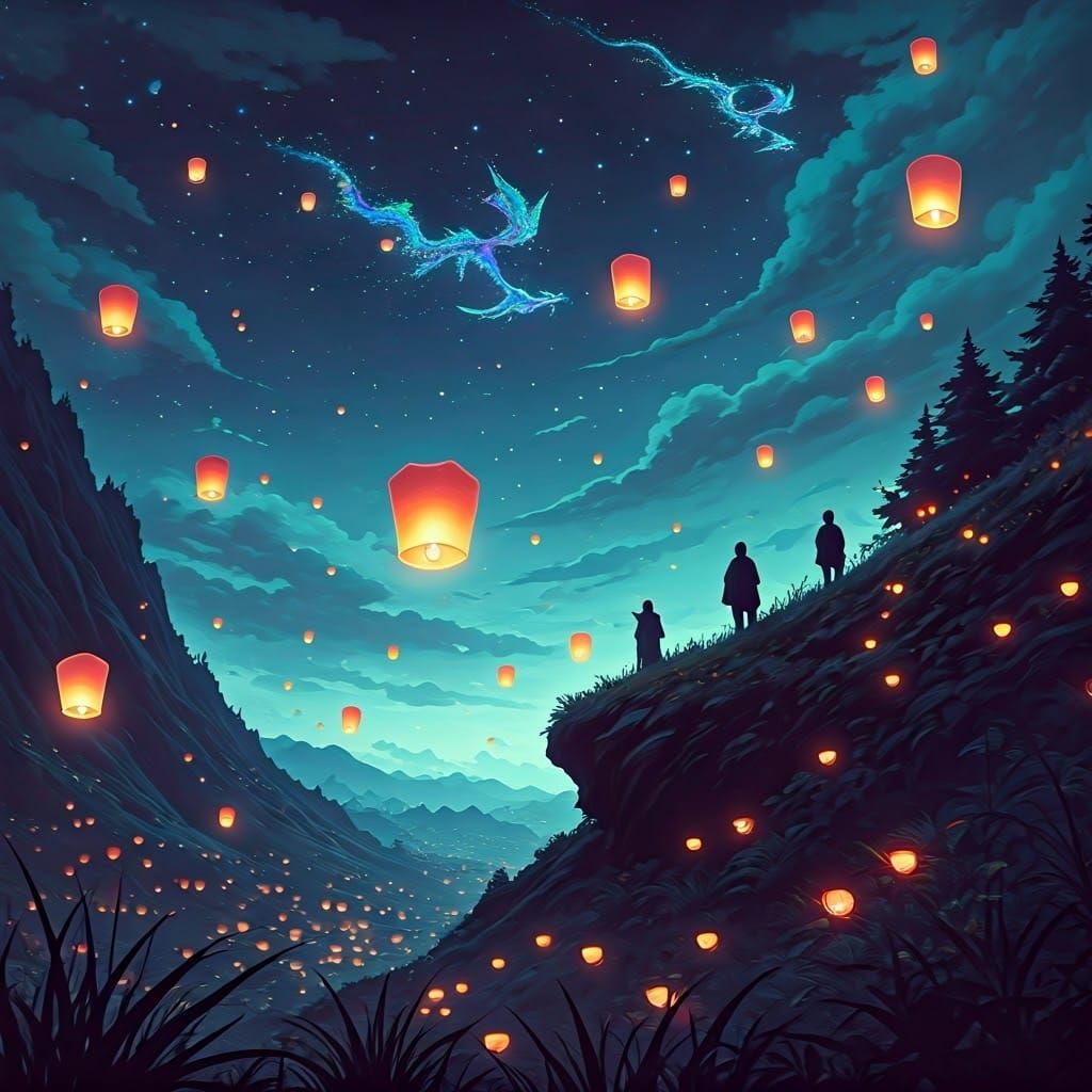 Mystical Night Scene with Flying Lanterns and Dragons