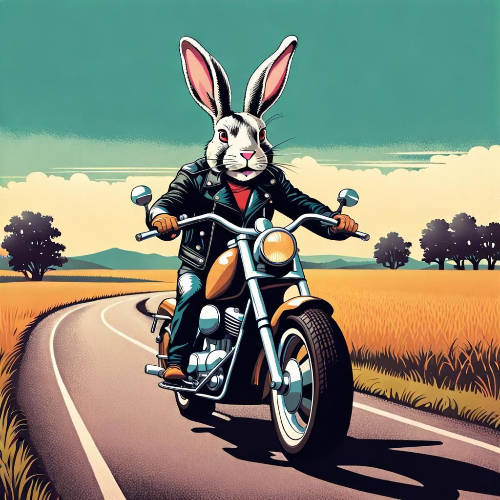 Rabbit riding a chopper motorcycle