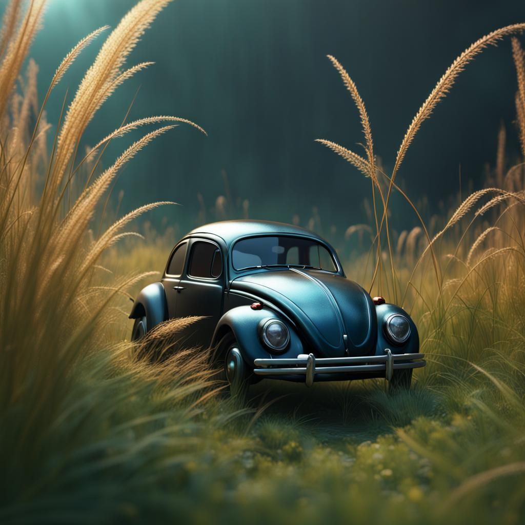 beetle car driving through tall grass