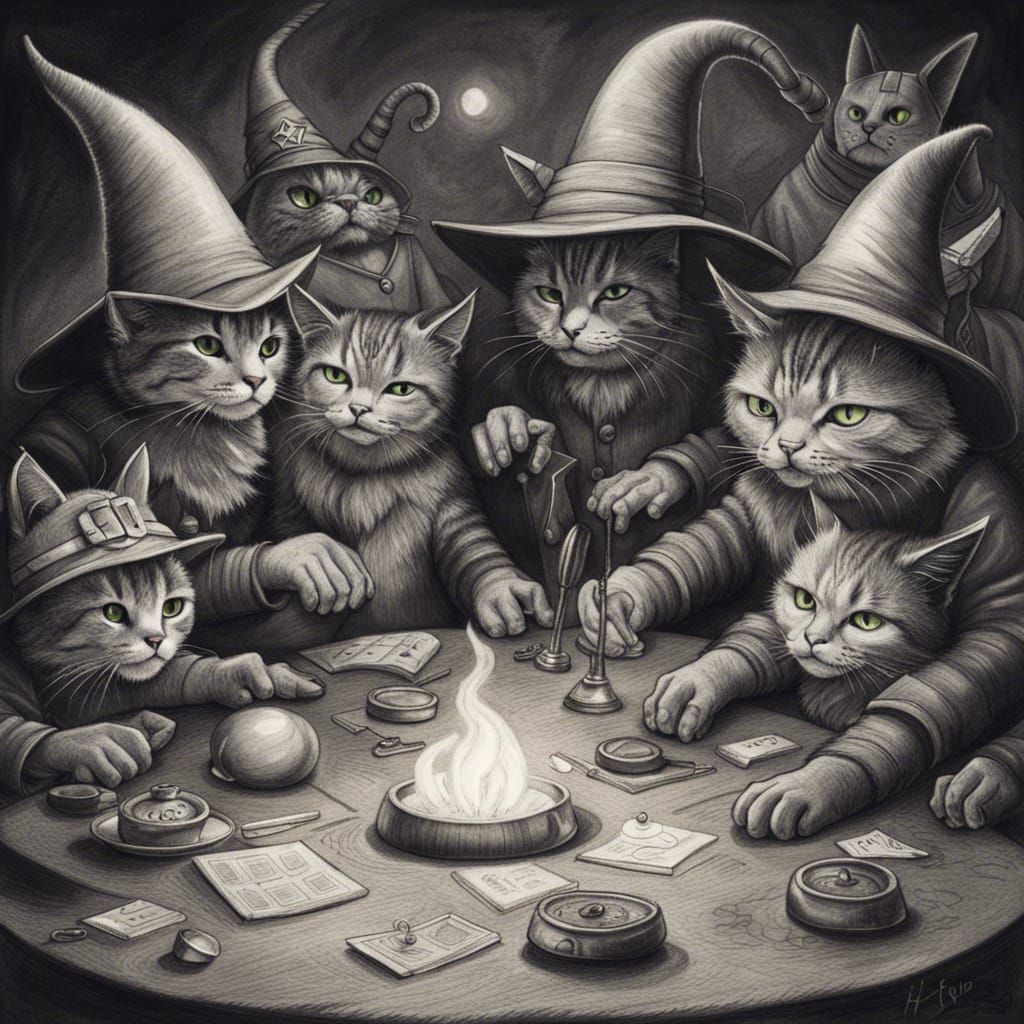 Cats playing dungeons and dragons with witches hats in a desolate wasteland of halloween  by @Chickenflump