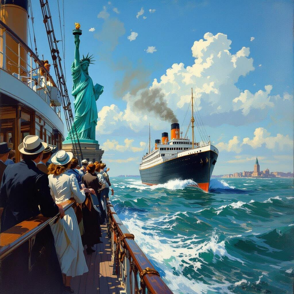 A ship in the 1900s seeing the statue of liberty for the first time.