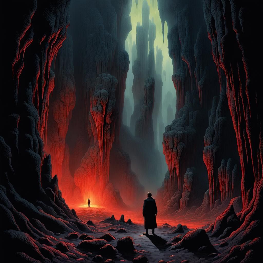 An average hero trapped in the underworld, hell underground limbo. Spooky and mystical 