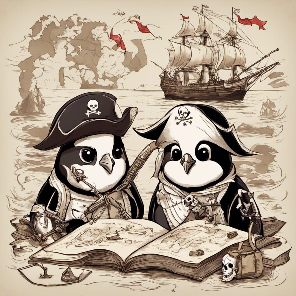 Penguin pirates studying a treasure map, penguin skull and crossbones ...