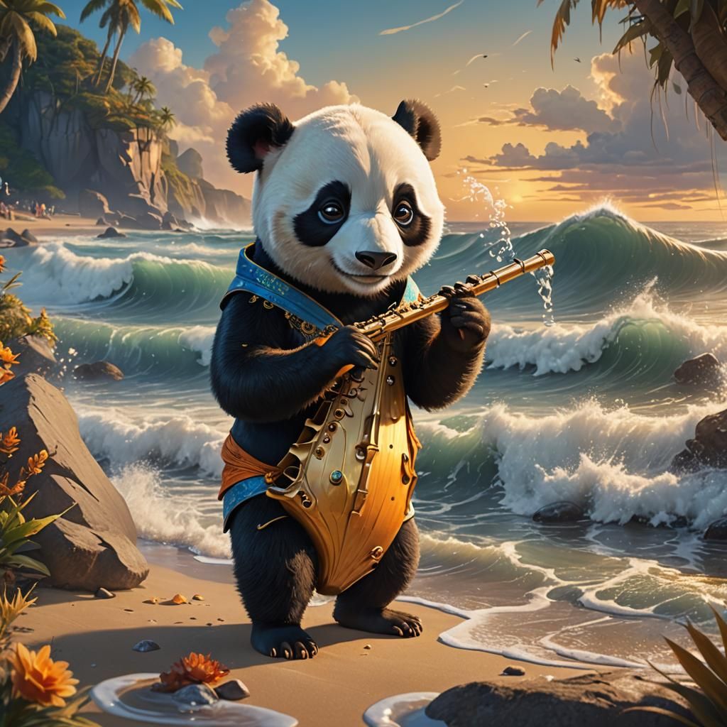 Panda Playing Flute on Beach in Fantasy Realism