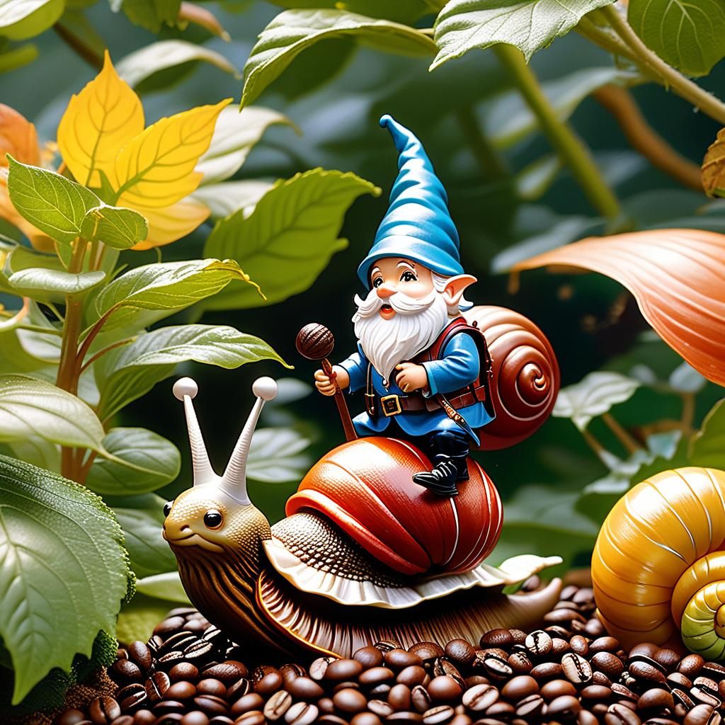 A cute garden gnome rides a snail  by @Bai