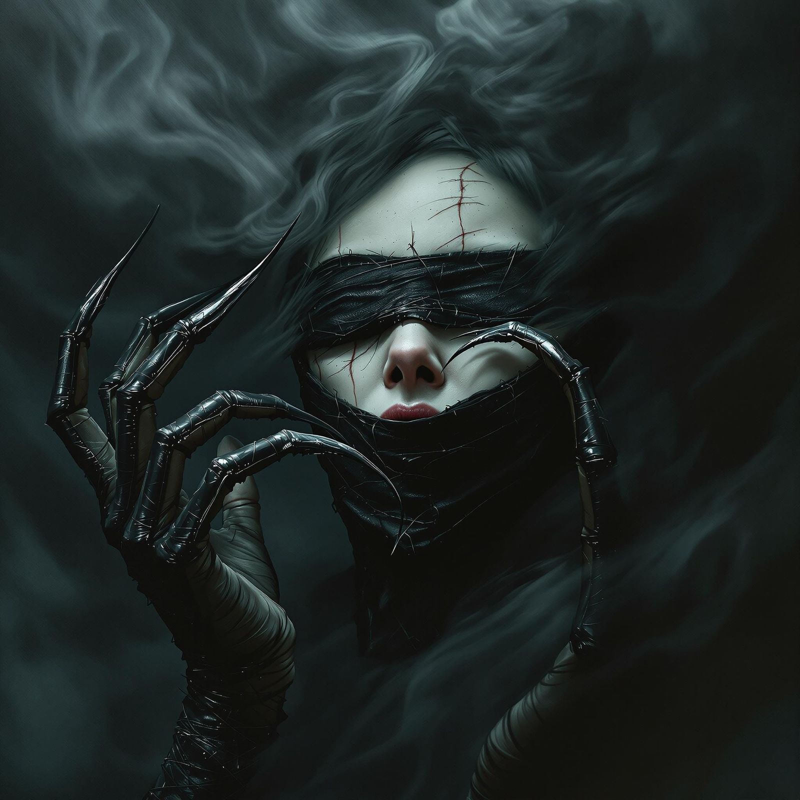 Surreal Gothic Goddess with Sewn Shut Eyes, Cyberpunk Claws...