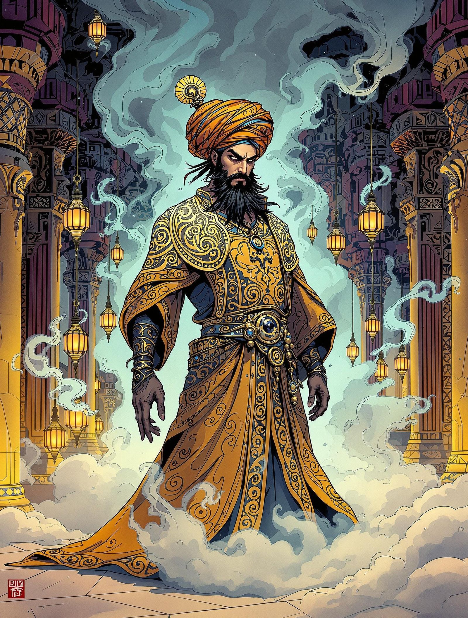 Turbaned Genie Amidst Whimsical Arabian Splendor