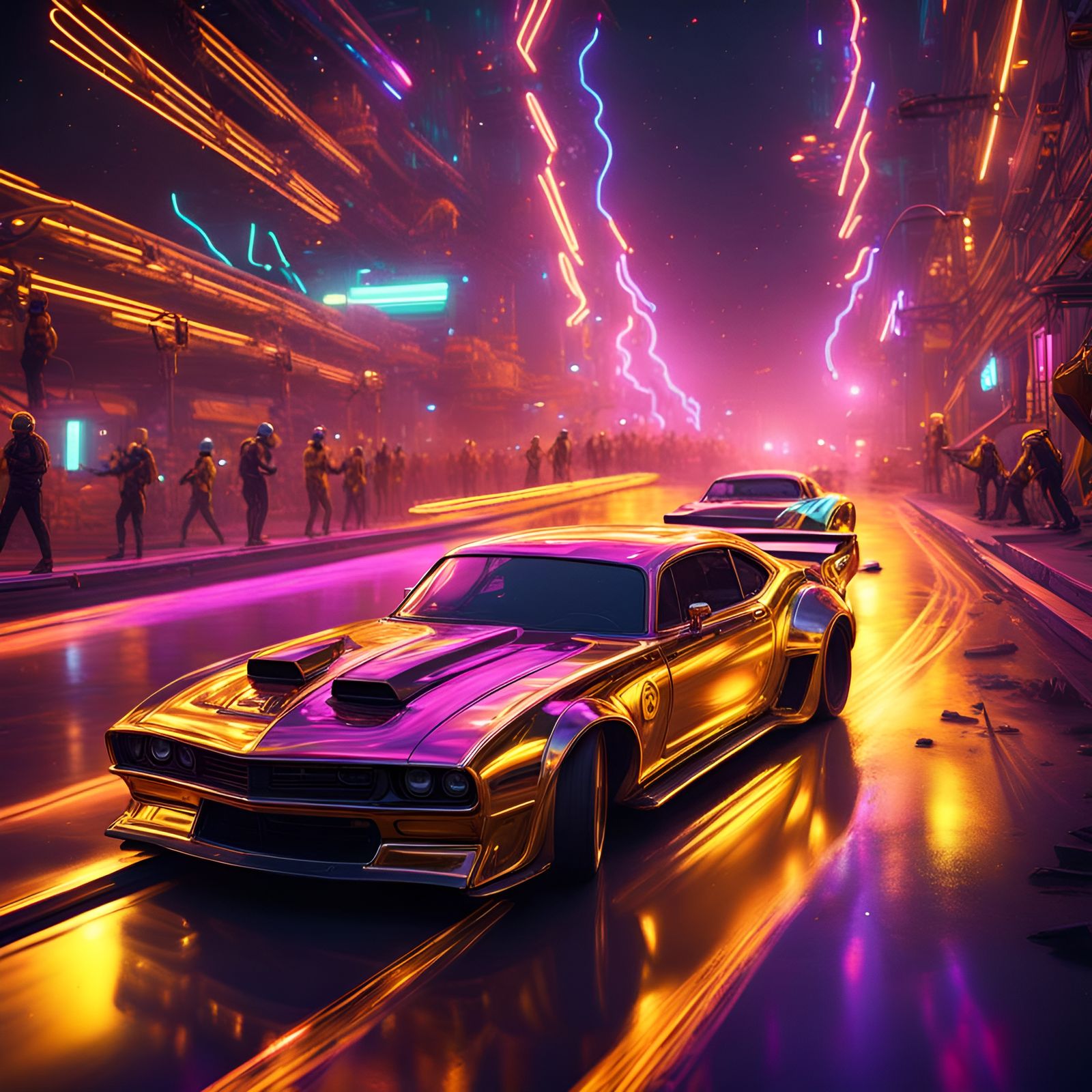 Drag Racing Scene On Neon Golden Cars.  by @BArS2002