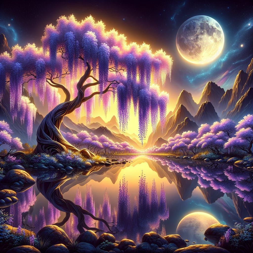 Chinese Wisteria Tree in golden moon light  by @MasterRed
