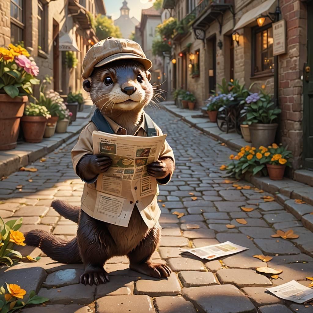 A cute content smiling baby otter dressed like a paper boy fron the 20s. Warm colors, happy mood