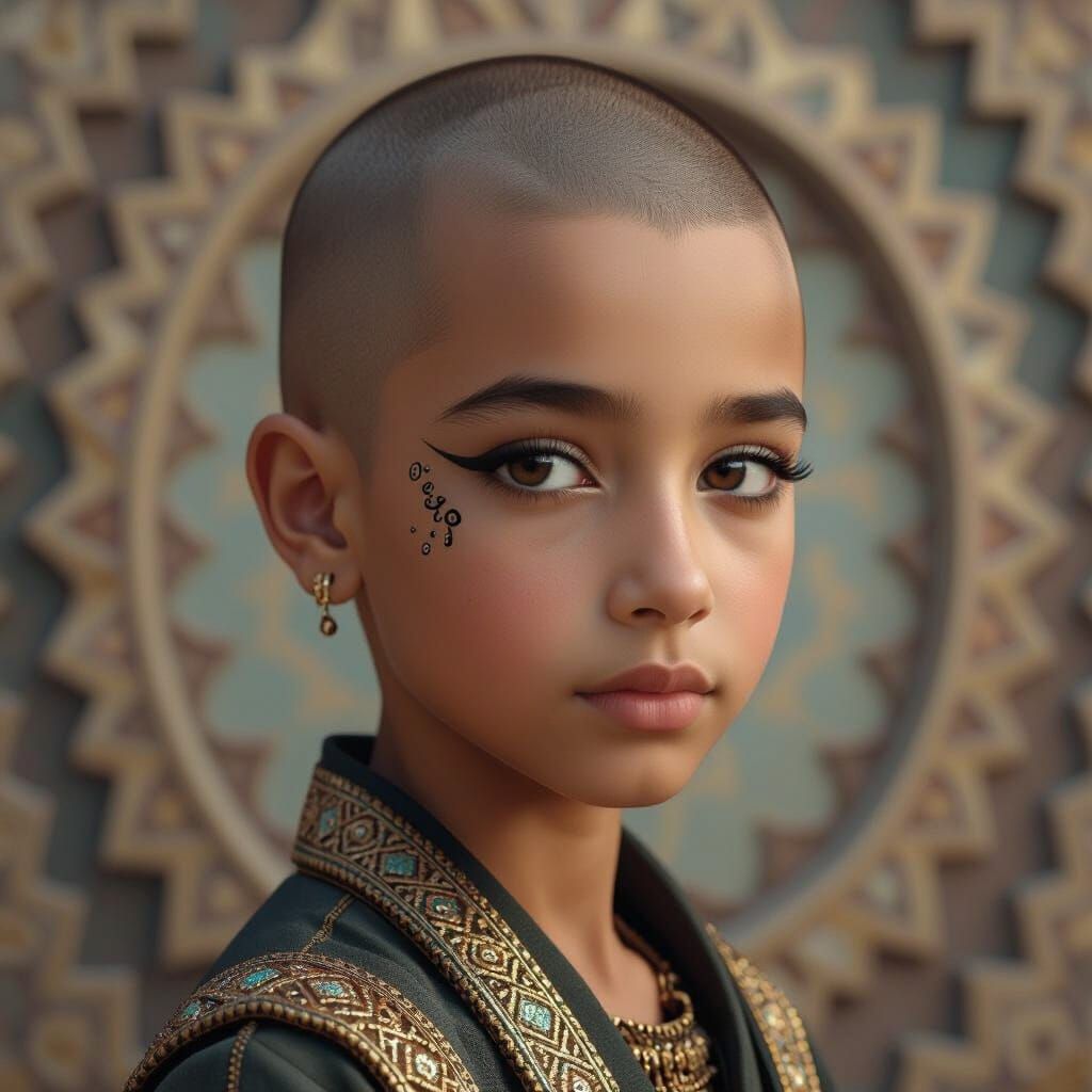 Hyperrealistic portrait of a beautiful 12 year old Egyptian boy with a shaved head. He has light brown skin and dark eye make-up. He is half...
