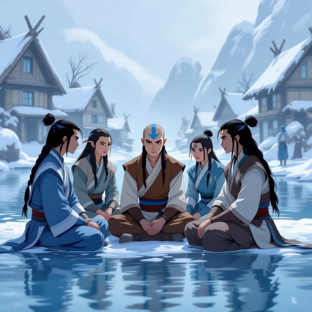 Avatar Aang and Water Tribe in Misty Village