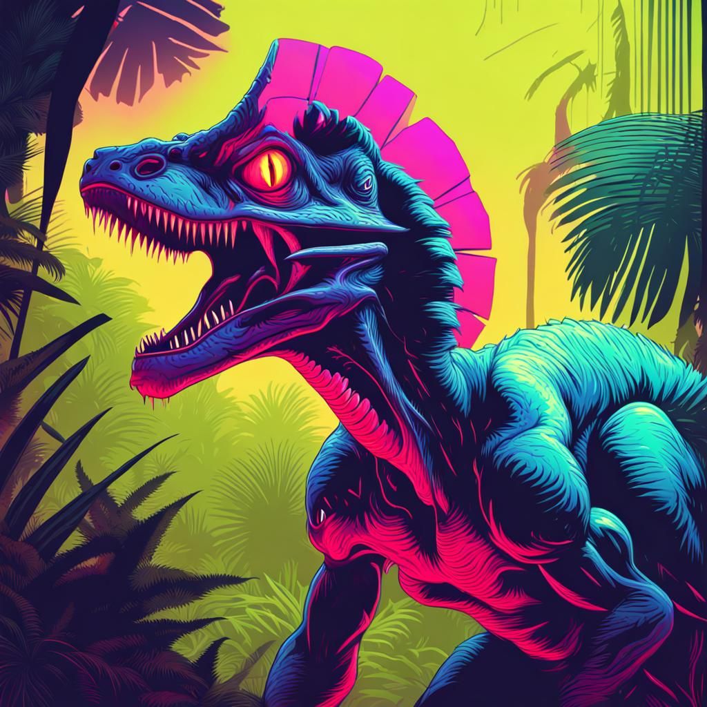 An angry Dilophosaurus spitting vibrant venom in the jungle....