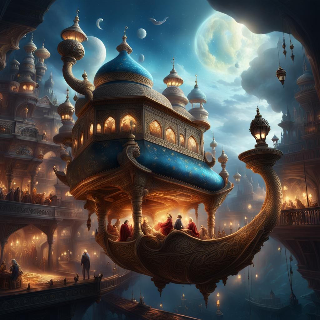 Illustrate the fantastical worlds and creatures that emerge from the steam of a aladdins magic lamp