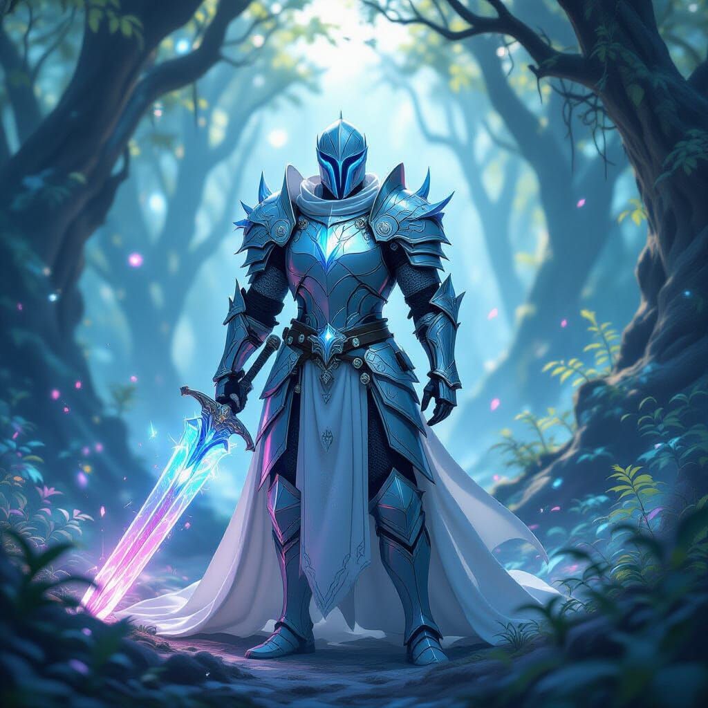 Crystal Knight in Glowing Mystical Forest
