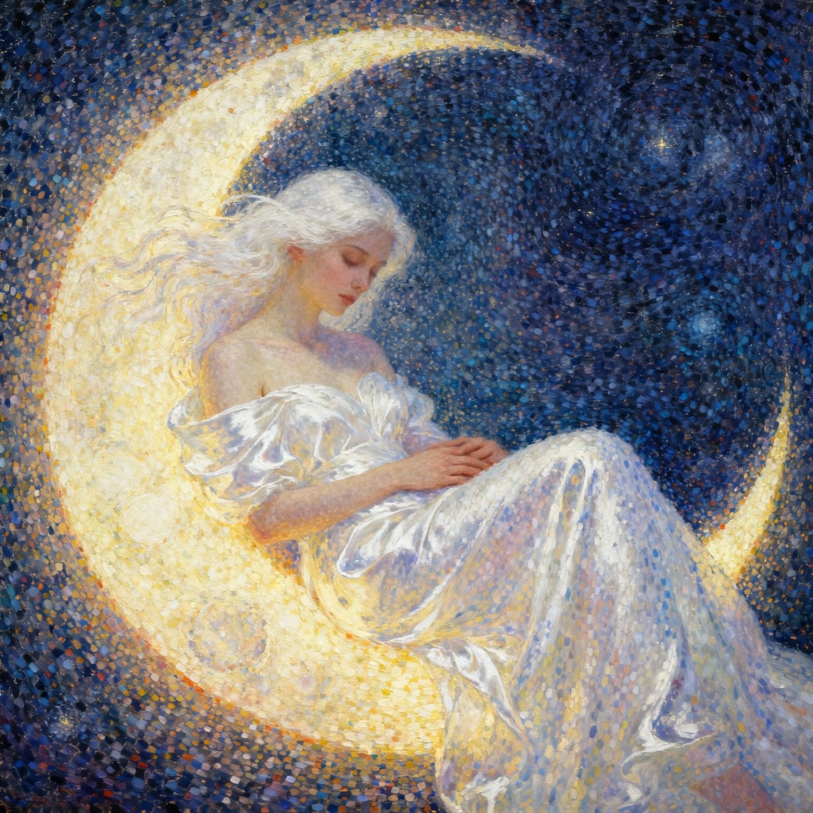 Woman in Moon as Pointillist Art