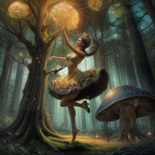 Magical realism painting. Wide shot. A whimsical stunningly beautiful dancer magically leaping over a field of oversized, fantastical mushro...