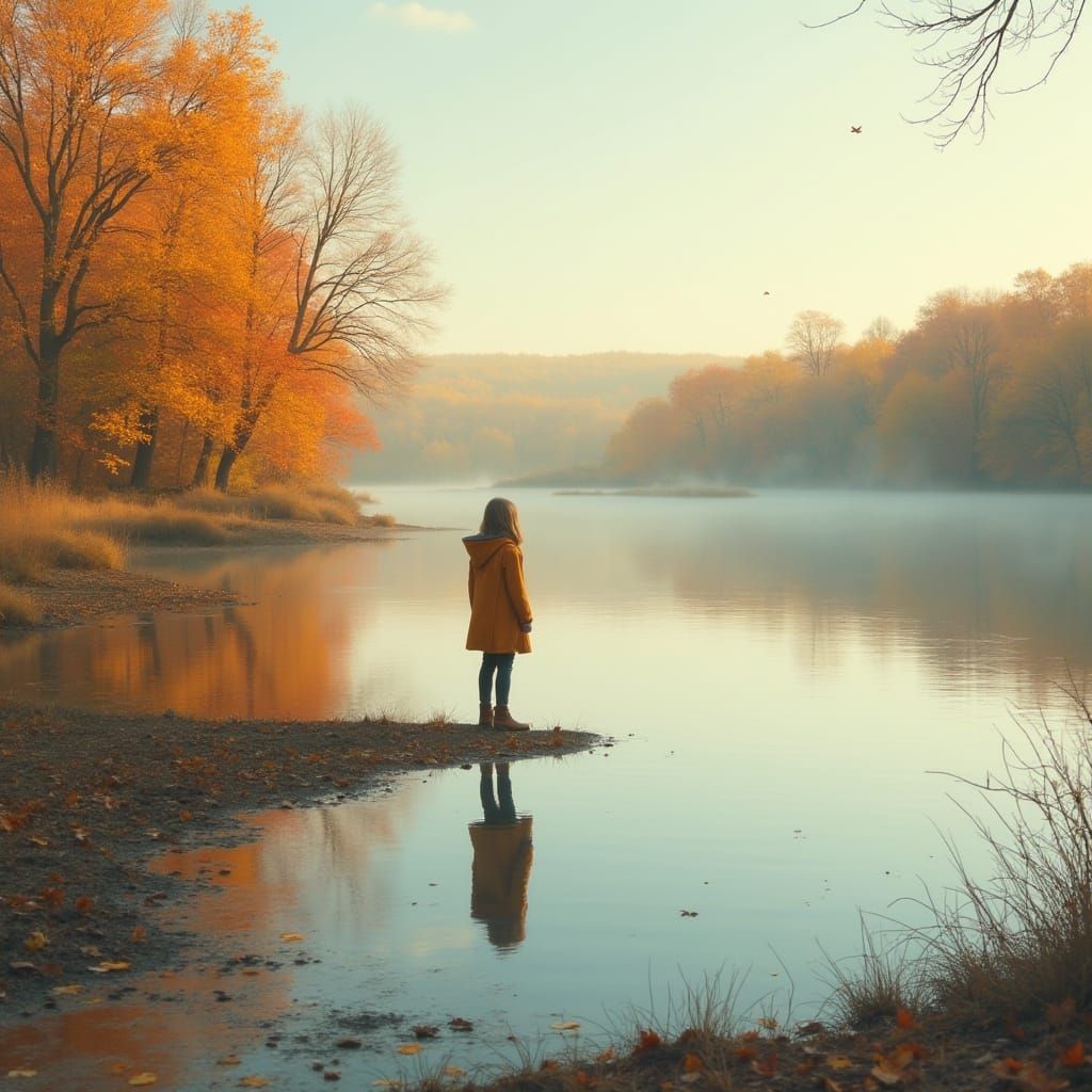 Serene Autumn Lake Scene in Earthy Tones