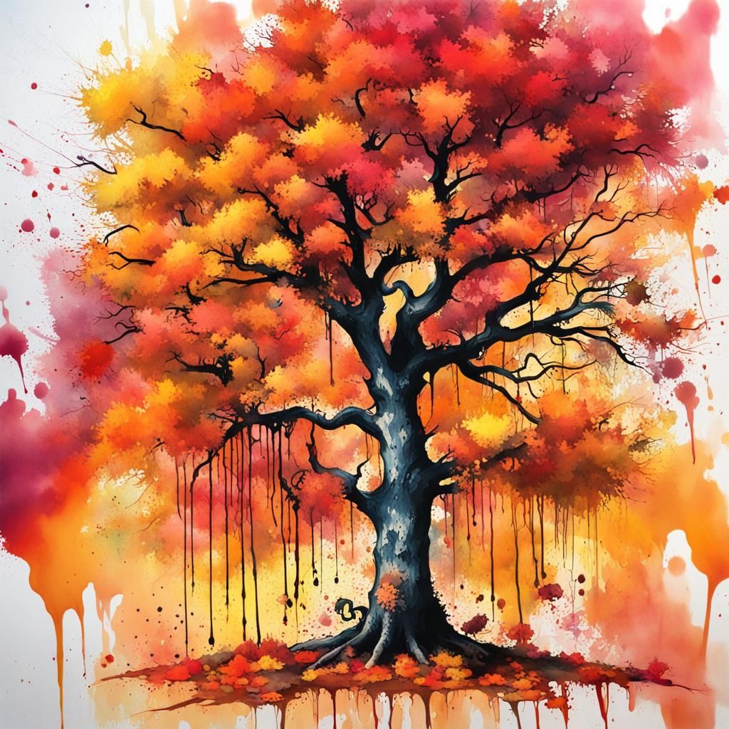 Ink splatter painting of autumn tree, aquarelle   by @ATJIuKA