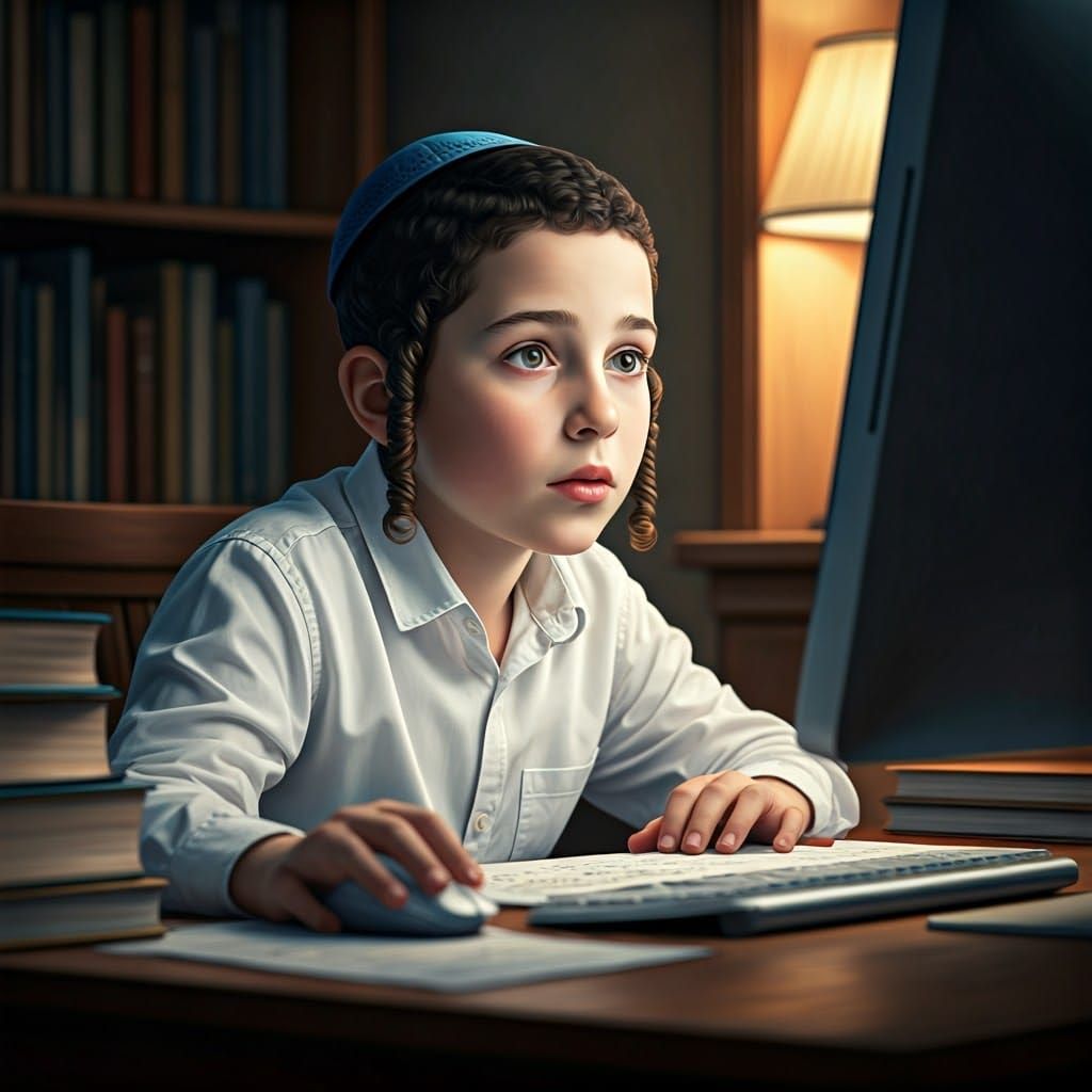 Orthodox Jewish Boy in Study Room, Inspired by Impressionist...