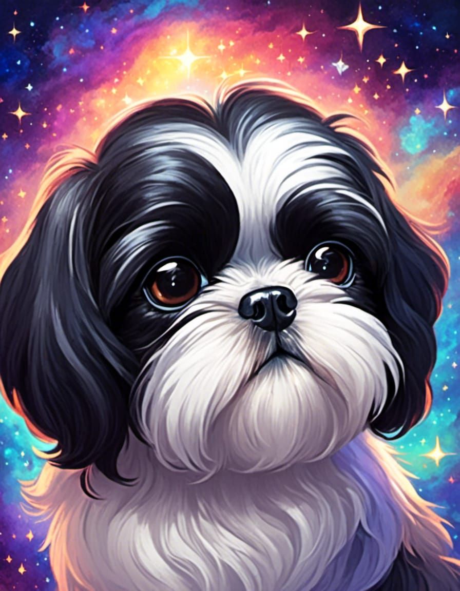 Black and white shihtzu <lora:Psychedelic:1.0> Cosmic Illumination  