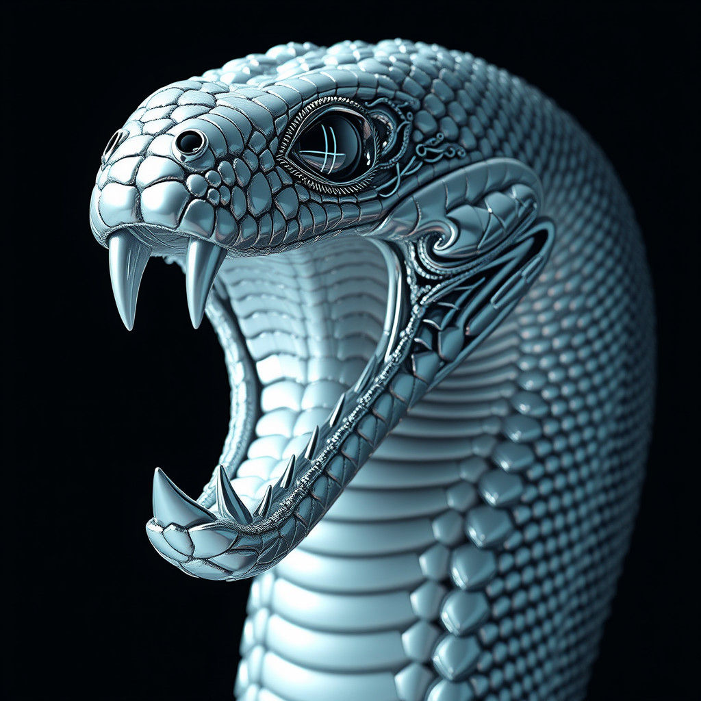 anaconda head made of fragile white chrome.. High details, high resolution, detailed textures, surreal ...  by @Silverboooom 