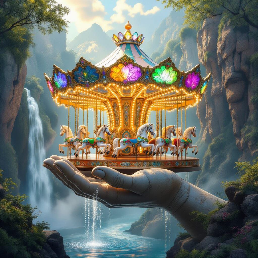 In a lush, magical valley surrounded by tall cliffs and cascading waterfalls, the centerpiece of the scene is an astonishingly beautiful car...