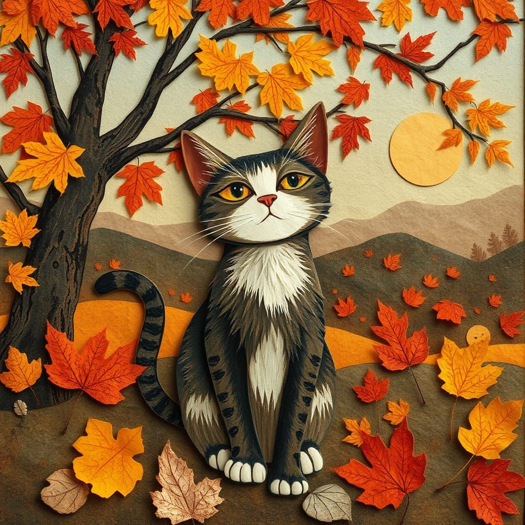 Fall paper collage with stray cat 
Fall paper collage art by Pirosmani and Paul Cezanne   by @Igor_t_M