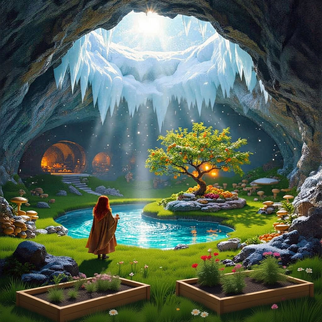 An open-roofed cave, above which lies an icy desert. Sunlight streams into the cave from the sky, and snow falls. A sparkling, hot spring of...