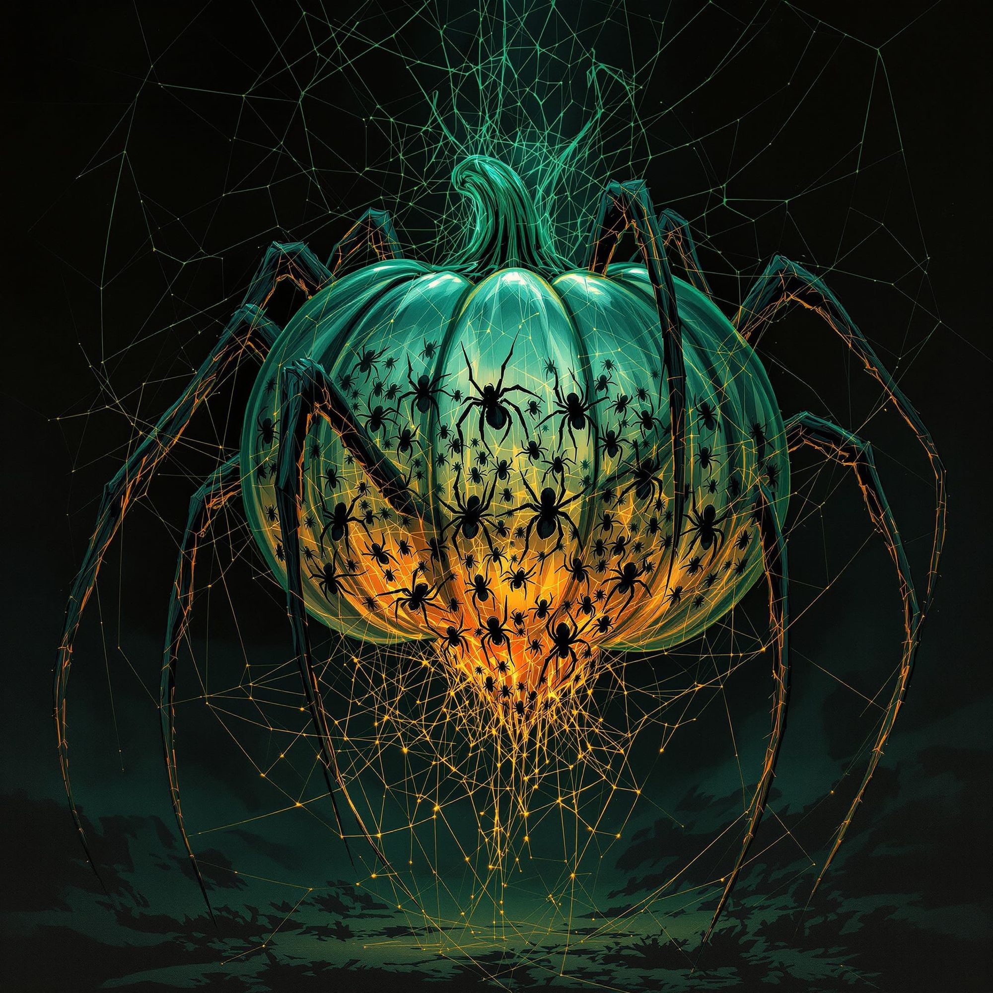 spider with a glass pumpkin body filled with baby spiders, orange, teal and black, webs and threads
