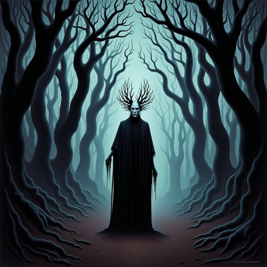 <lora:MrsH Darkling:1.0> Creepy darkling illustration pinhead, masterpiece in the forest, by Elizabeth Blackwell, Jacek Yerka, and Hikari Sh...