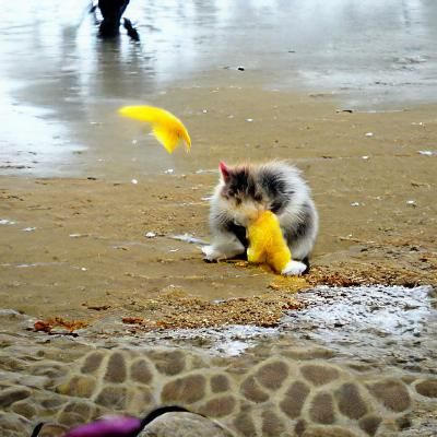 Fluffy kitten playing with a yellow fish on the beach in a r...