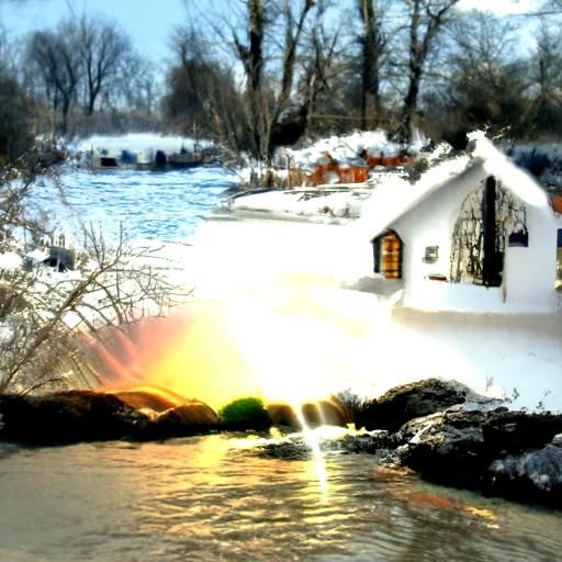 quiet river, small cottage in background