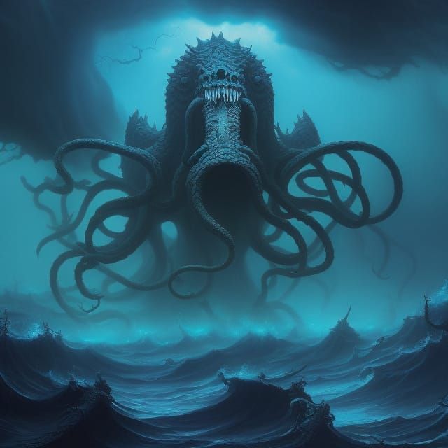 A terrifying kraken emerging from the depths of a stormy ocean; Realism ...