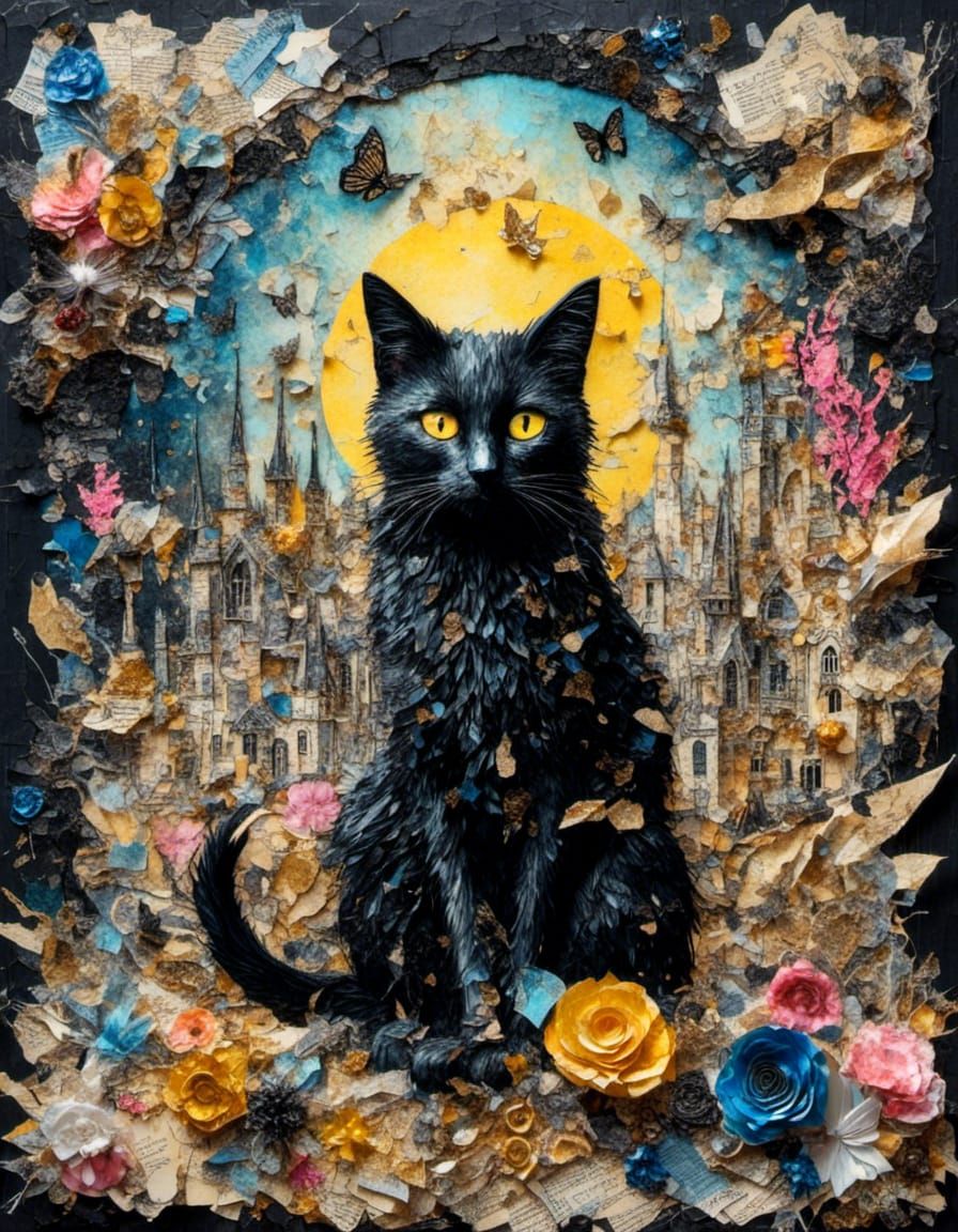 <lora:Supa Collage:1.0> portrait,  beautiful expansive collage , Beautiful  black cat in the manor , raggged , large thorn paper pieces  ,...