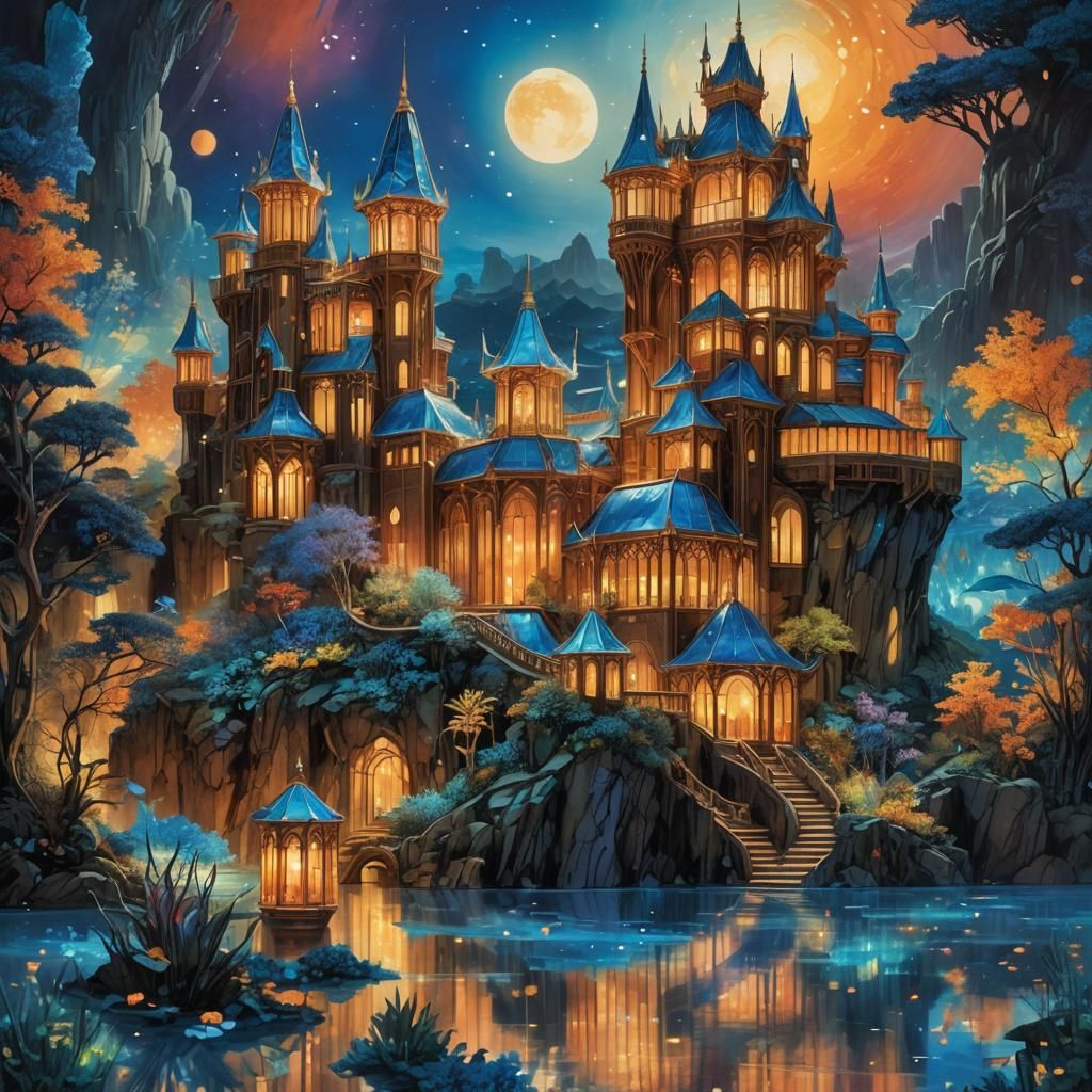 Moonlit Glass Palace with Bioluminescent Aquarium