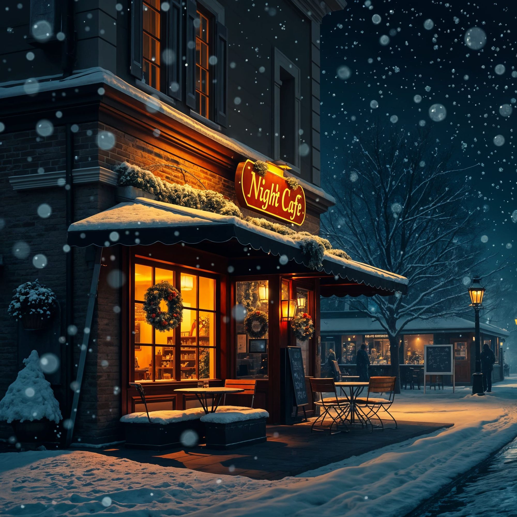 Snowlit Serenade at Night Café
