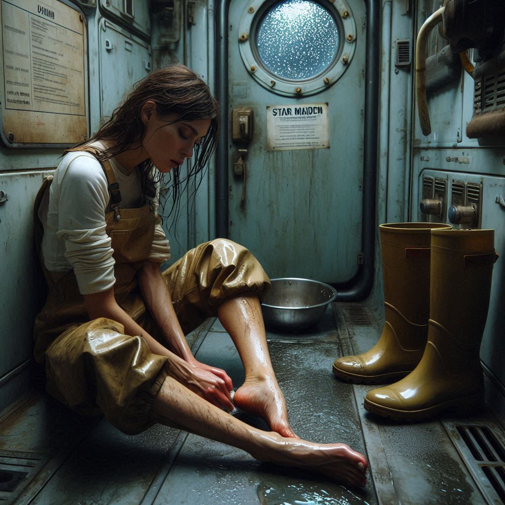 In the restroom of an old spacefreighter, a tired female wor...