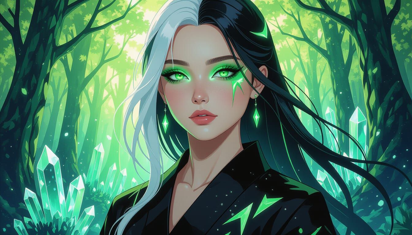 bright surrealism art. side portrait. bold colors, gradients, realism drawn. A young female, with hypervivid iridescent ...