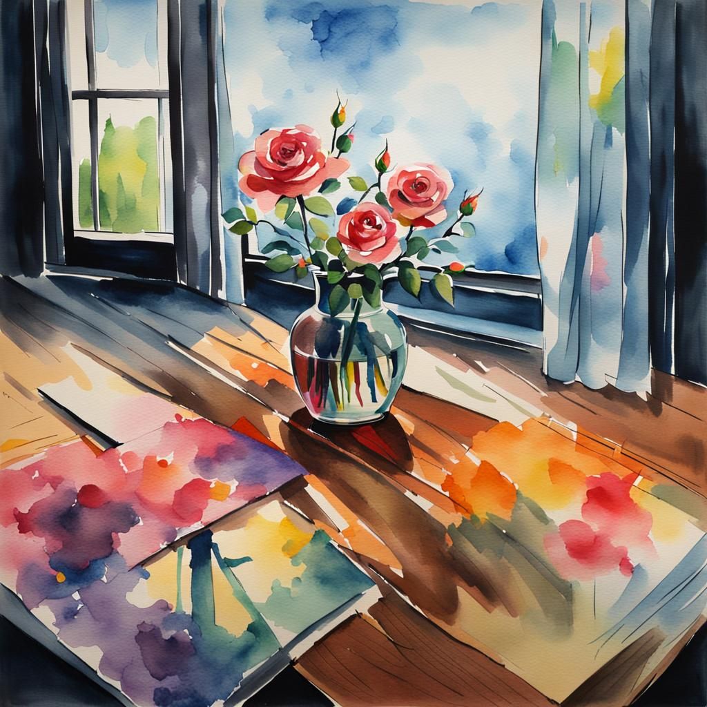 watercolor painting roses in a beautiful vase, dark wood des...