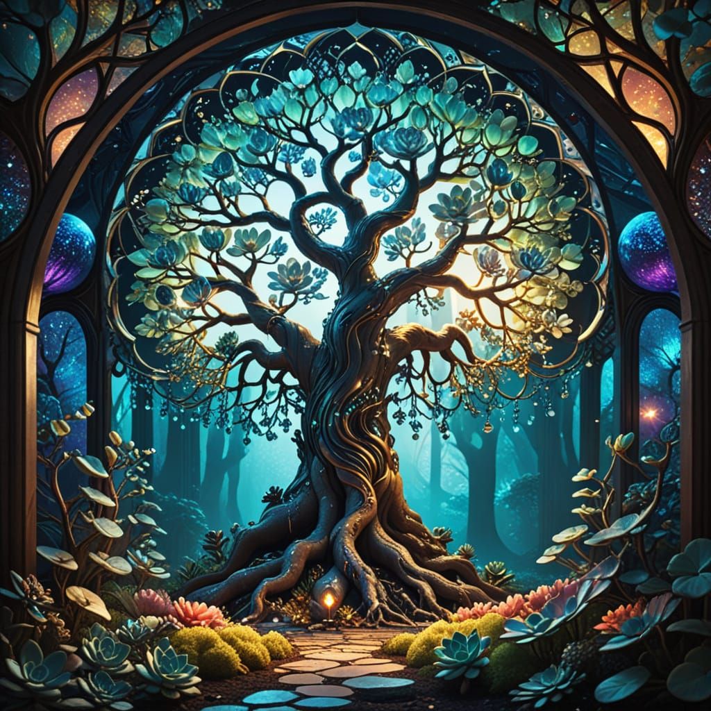 Vibrant Tropical Succulent Goddess in a Dark Fairytale Realm