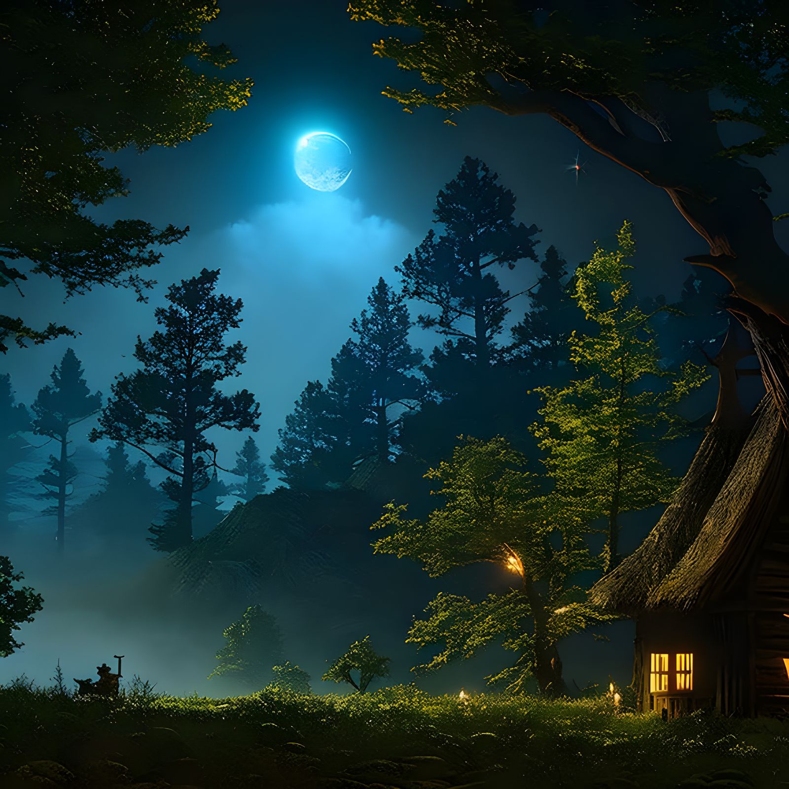 A small cottage tucked in a clearing in an elemental forest at night  by @Clayton
