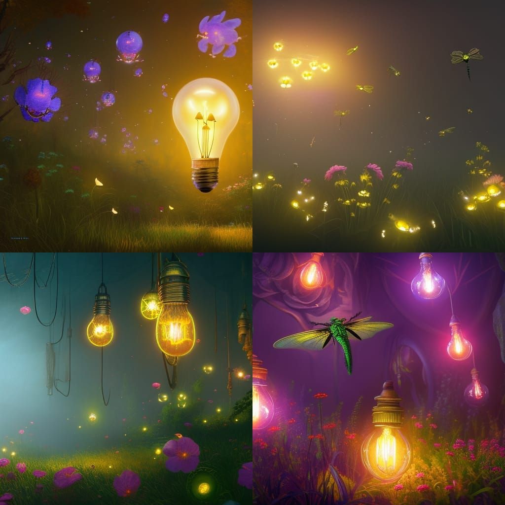Fantasy Fireflies flowers and dragonflies in light  bulbs