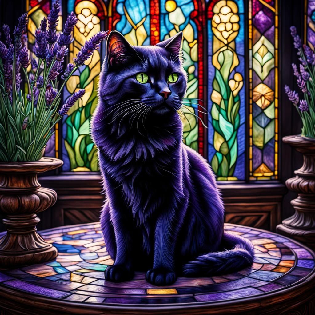 black cat on a pedestal lavender lavishes exotic stained-gla...